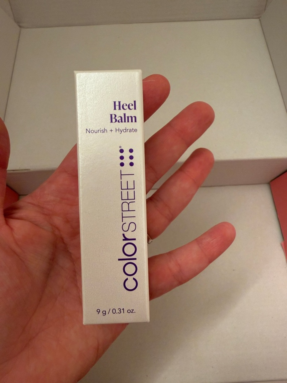 Color Street Heel Balm White with Purple Text